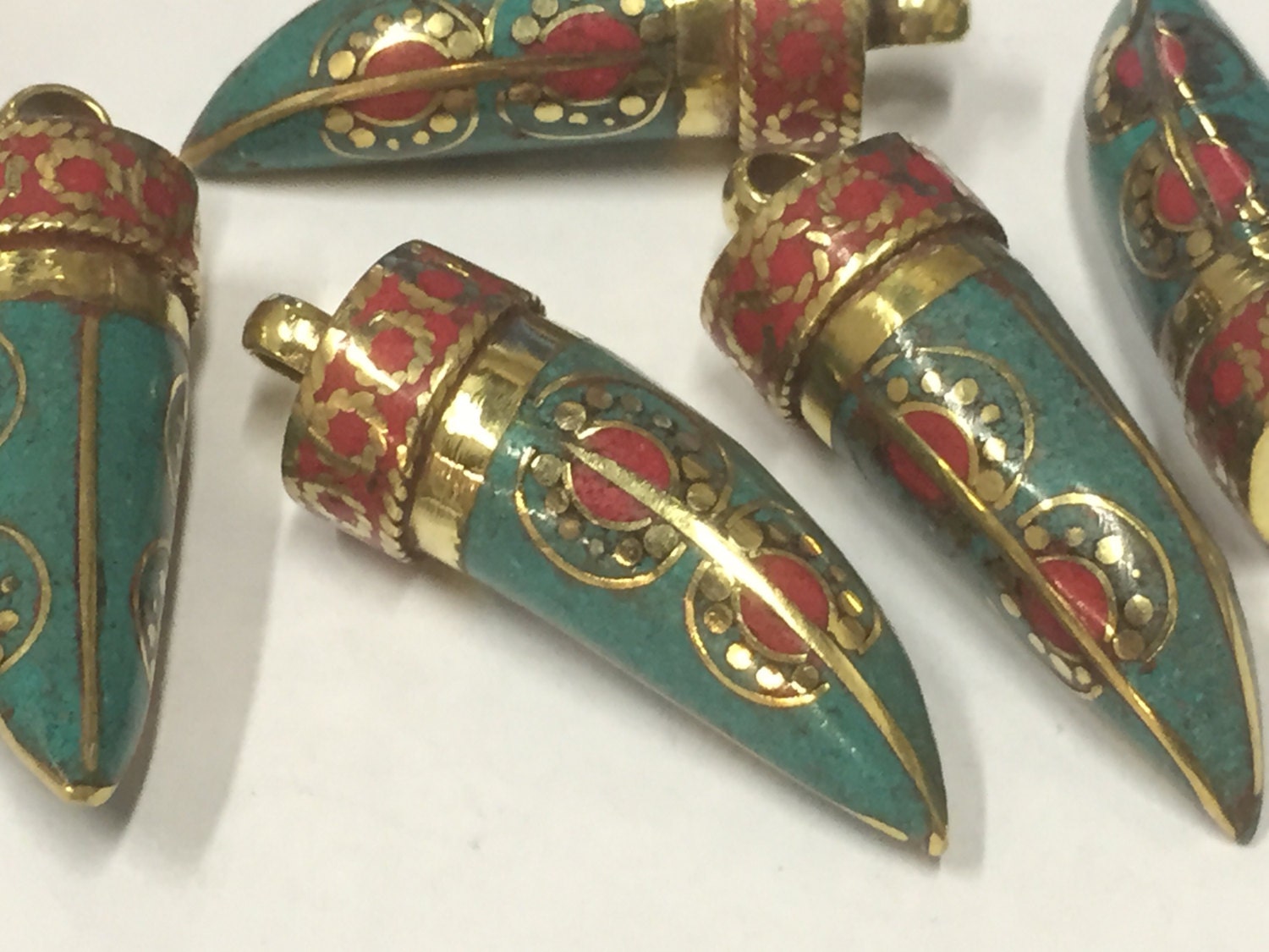 1 Pendant - Tibetan pendants nepal horn shape pendant Tibetan tusk brass pendant with turquoise coral inlay dotted sun design - PM405K