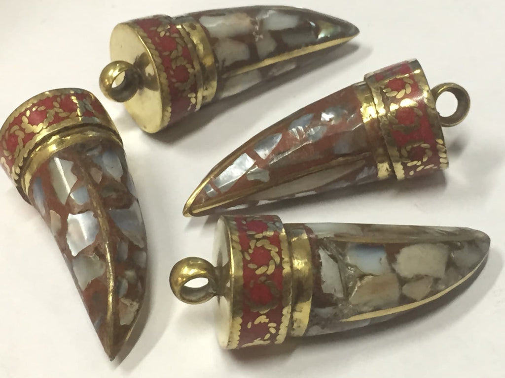 1 Pendant - Tibetan horn shape Brass pendant with MOP shell inlay - PM405G