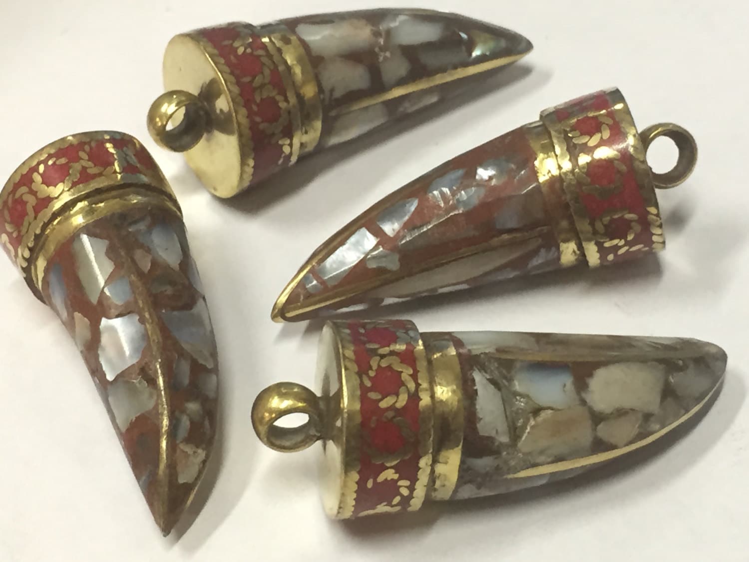 1 Pendant - Tibetan horn shape Brass pendant with MOP shell inlay - PM405G