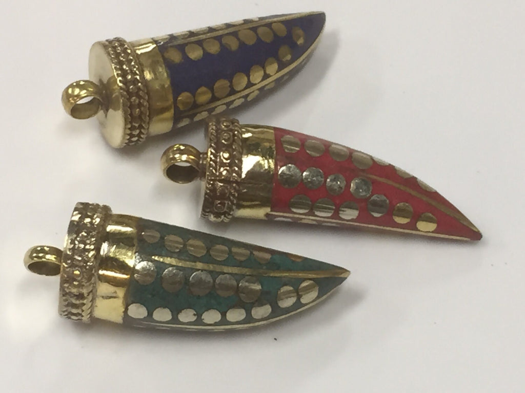 3 Pendants set - Tibetan horn tusk shape lapis coral and turquoise Brass pendants with dotted design - PM315K
