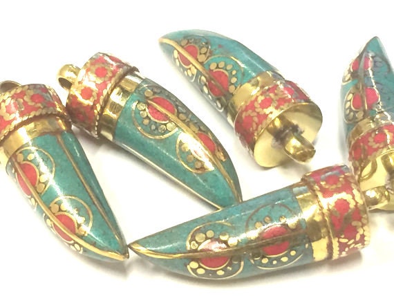 1 Pendant - Tibetan pendants nepal horn shape pendant Tibetan tusk brass pendant with turquoise coral inlay dotted sun design - PM405K