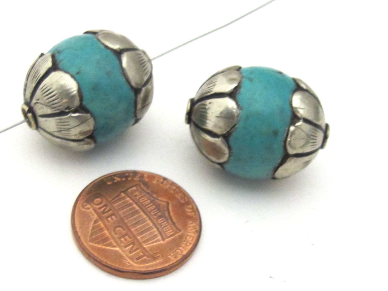 1 Bead- Beautiful thick floral capped turquoise gemstone beads from Nepal - BD918