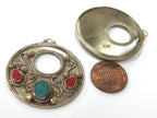 1 piece - Ethnic round disc Tibetan charm pendant with turquoise coral inlay - PM500C