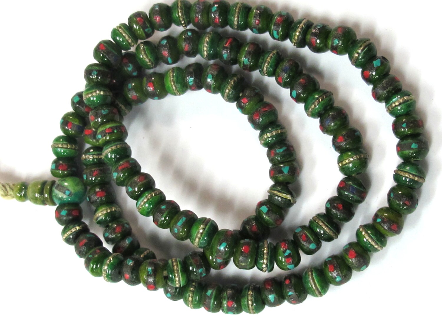 108 beads - 8 mm Tibetan green color bone mala turquoise brass coral inlay beads and Guru bead supply - ML076A
