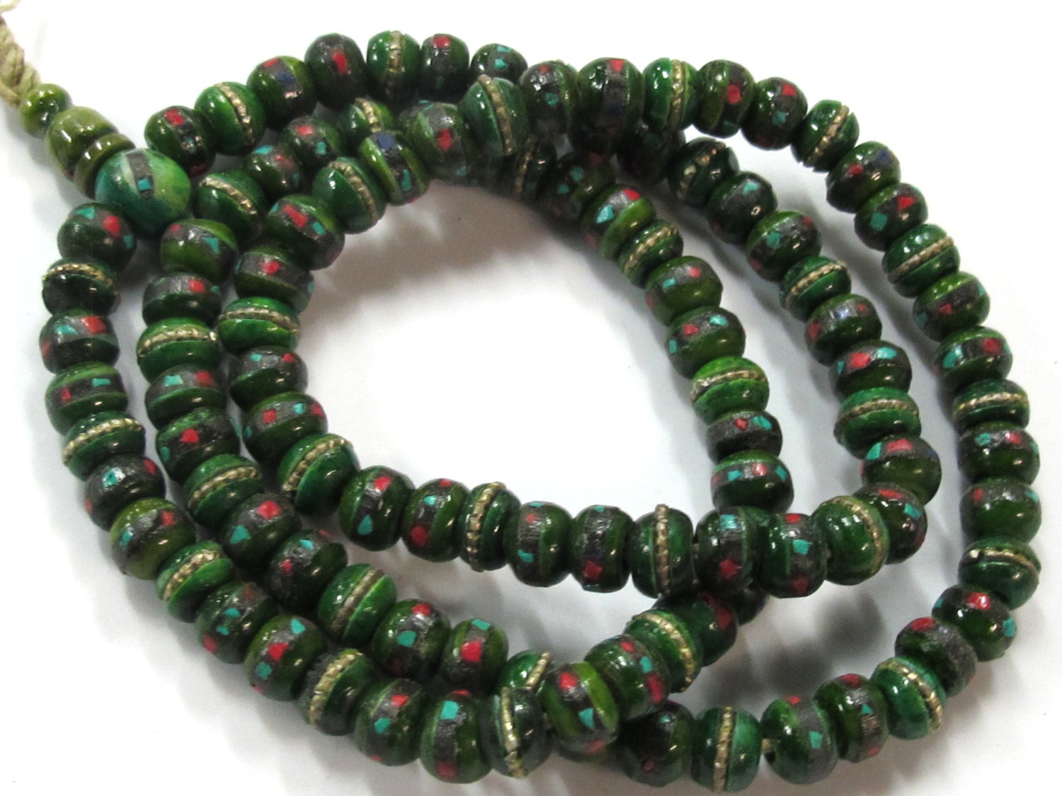 108 beads - 8 mm Tibetan green color bone mala turquoise brass coral inlay beads and Guru bead supply - ML076A