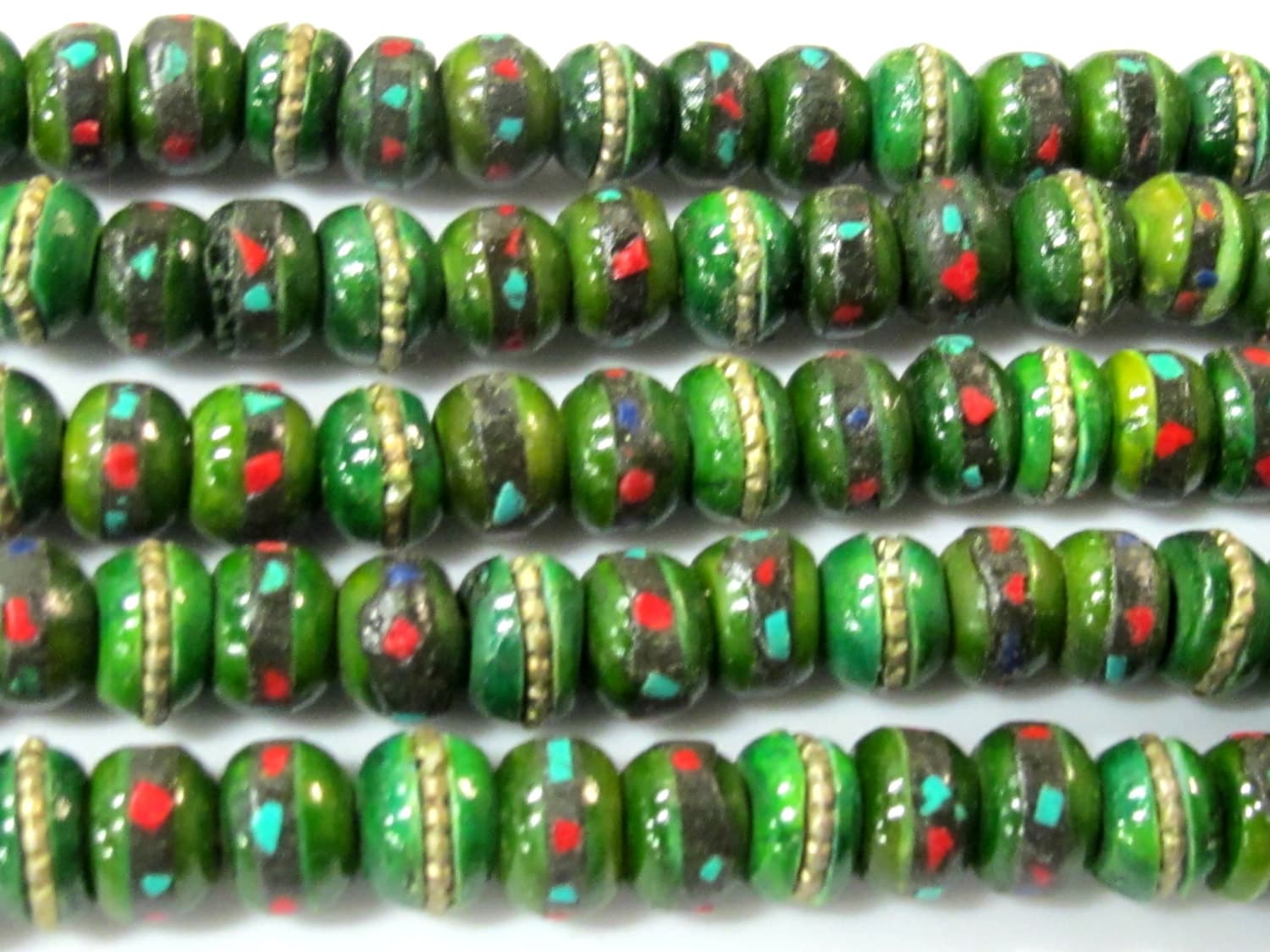 10 beads - Tibetan bone beads inlaid bone beads - 8 mm Tibetan green color bone mala turquoise brass coral inlay beads - nepal beads ML076C