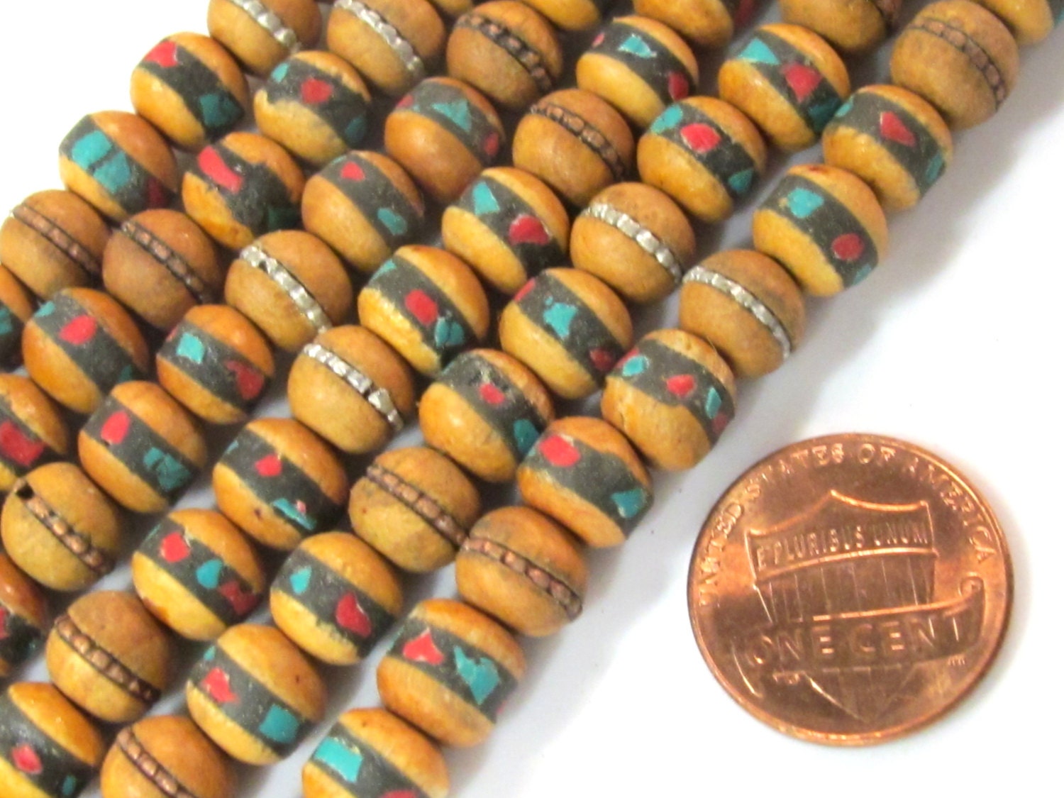 10 beads - 7-8 mm Tibetan wood mala beads with turquoise brass coral inlay - mala making supply - ML078B