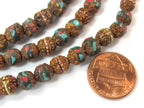 10 beads - 7 mm rudraksha mala beads with turquoise brass coral inlay - mala making supply - ML077B