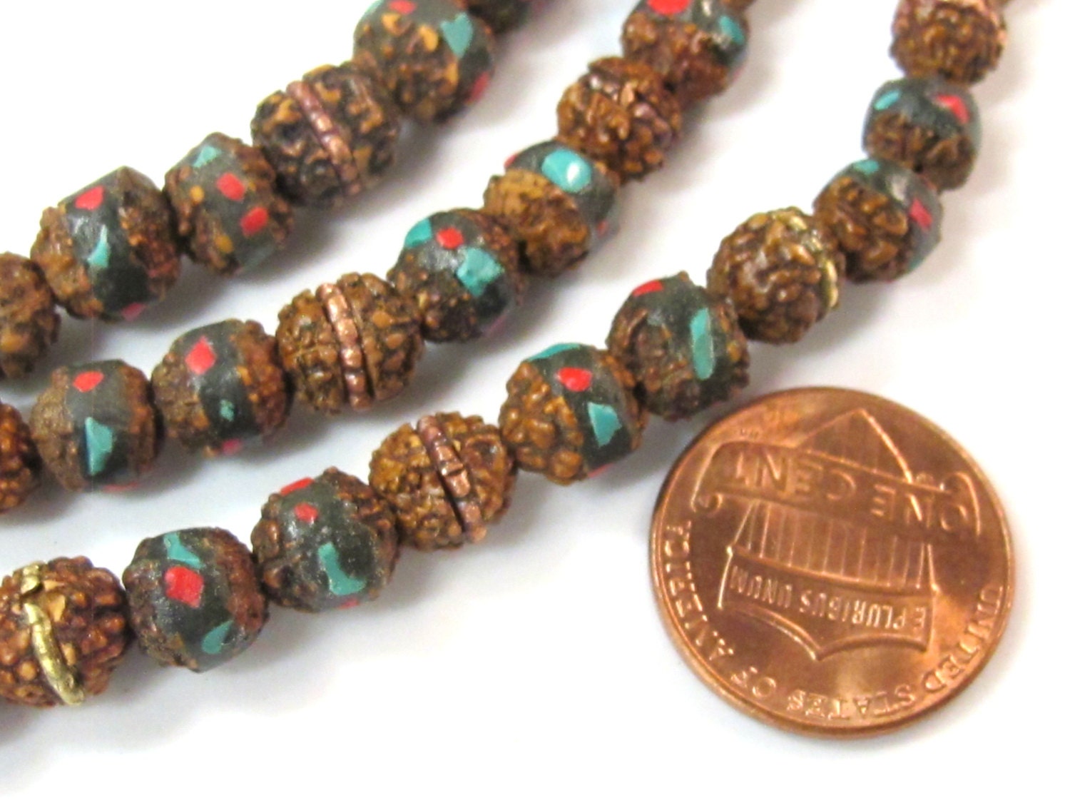 10 beads - 7 mm rudraksha mala beads with turquoise brass coral inlay - mala making supply - ML077B