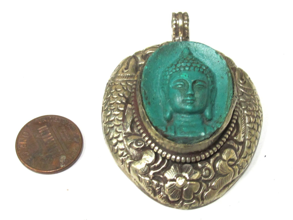 Tibetan silver Green Buddha pendant with double fish symbol - PM272AA
