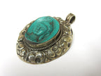 Tibetan silver Green Buddha pendant with floral design carving - PM272AC