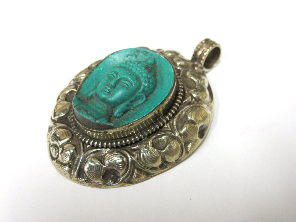 Tibetan silver Green Buddha pendant with floral design carving - PM272AC