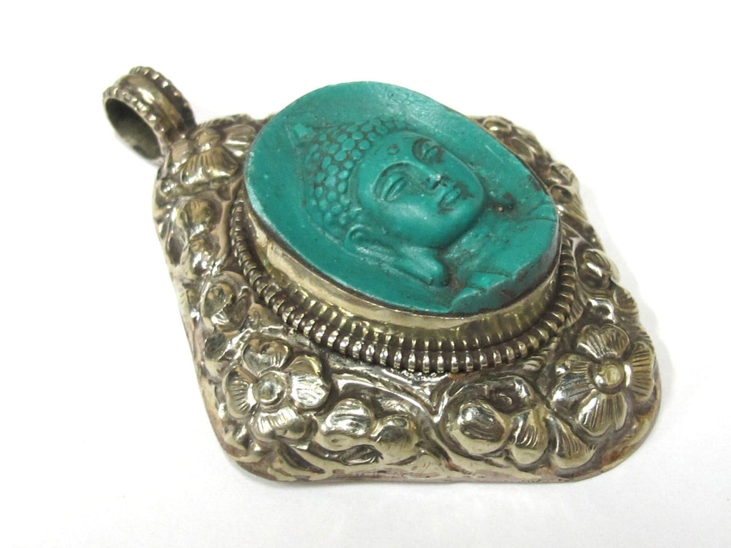 Tibetan silver Green Buddha pendant with flower design - PM272AD