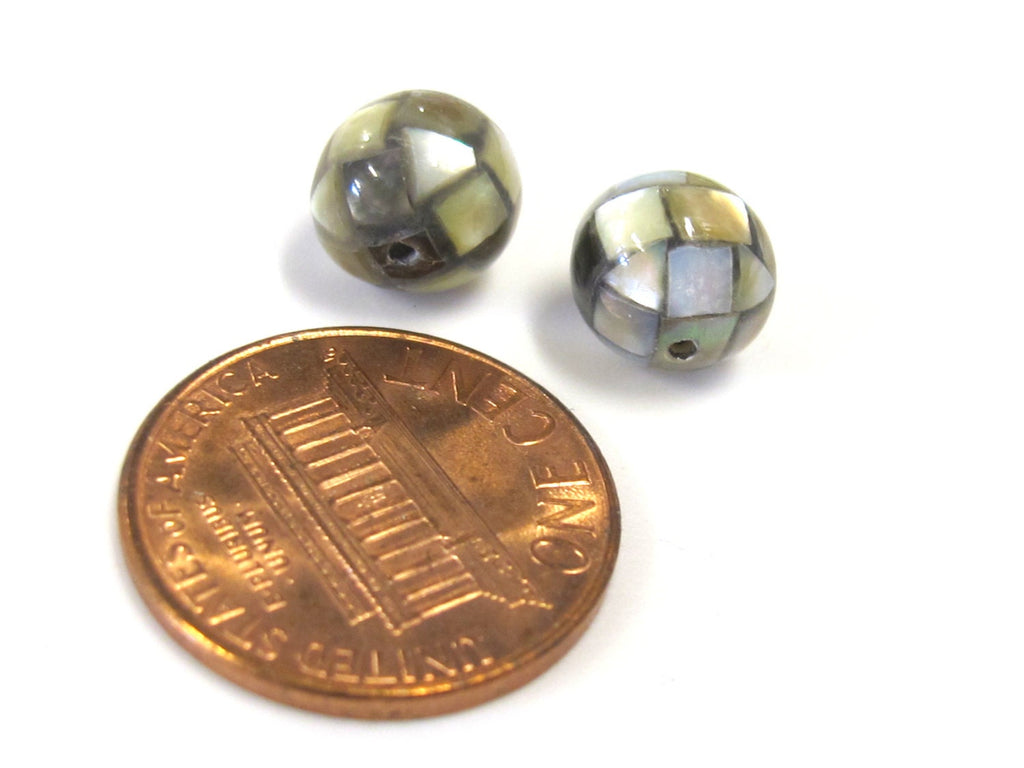 2 Beads - 8 mm size rondelle mother of pearl shell mosaic inlay bead - BD924