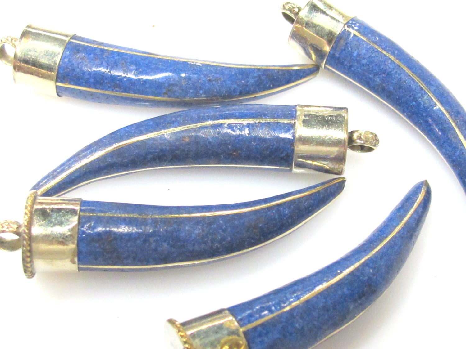 1 Pendant - Long Tibetan horn chilli shape Brass pendant with blue inlay - PM519