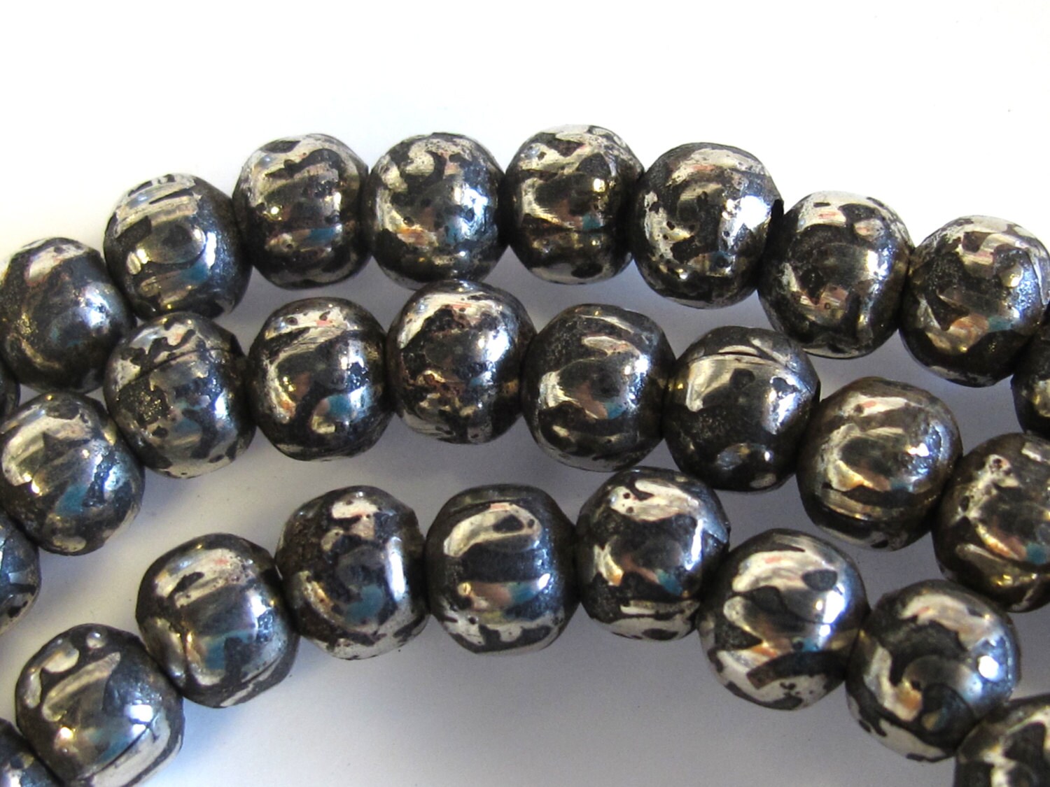 108 om mantra mala beads - Tibetan antiqued silver finish 108 mala making supply - Tibetan Om mantra etched on beads- 8 mm size - ML081A