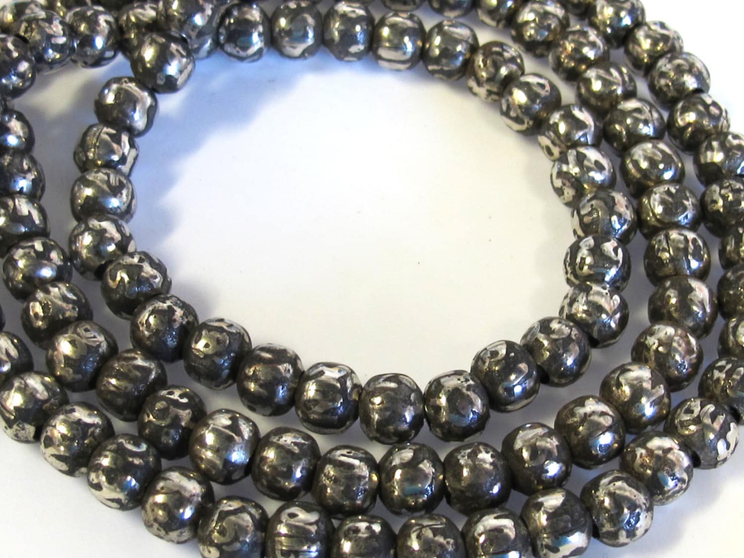 108 om mantra mala beads - Tibetan antiqued silver finish 108 mala making supply - Tibetan Om mantra etched on beads- 8 mm size - ML081A