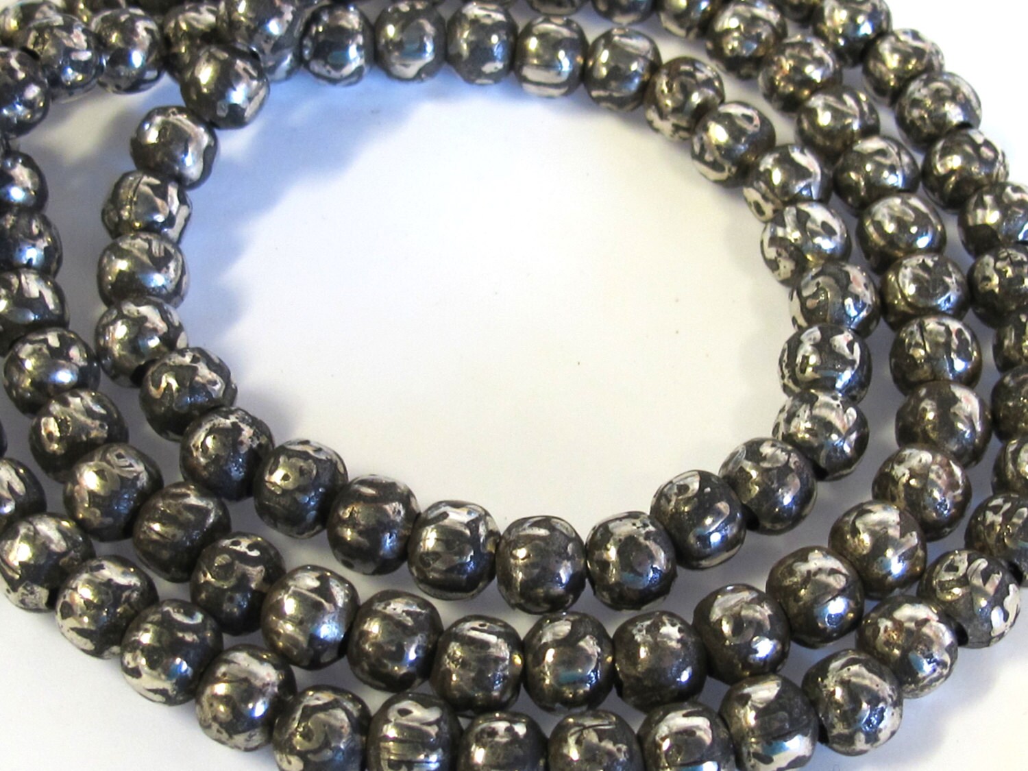 108 om mantra mala beads - Tibetan antiqued silver finish 108 mala making supply - Tibetan Om mantra etched on beads- 8 mm size - ML081A