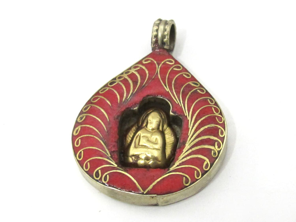 1 pendant - Tibetan bodhi banyan tree leaf shape sacred Buddha pendant with coral inlay - nepal pendants jewelry making PM504B