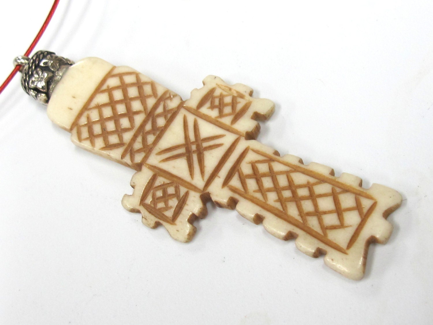 1 Pendant - Long Carved Tibetan cream color bone Cross pendant from Nepal - PB105