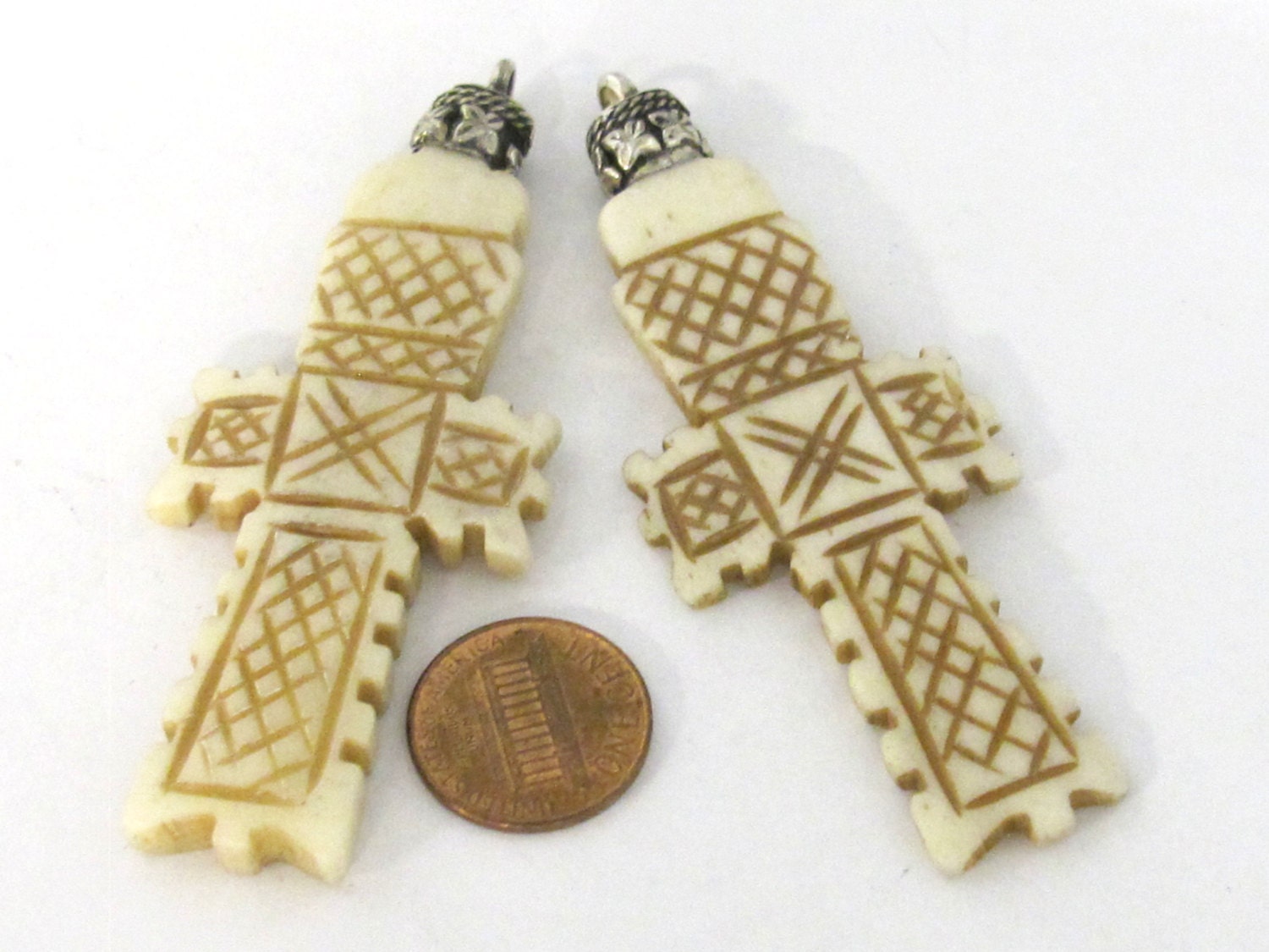 1 Pendant - Long Carved Tibetan cream color bone Cross pendant from Nepal - PB105