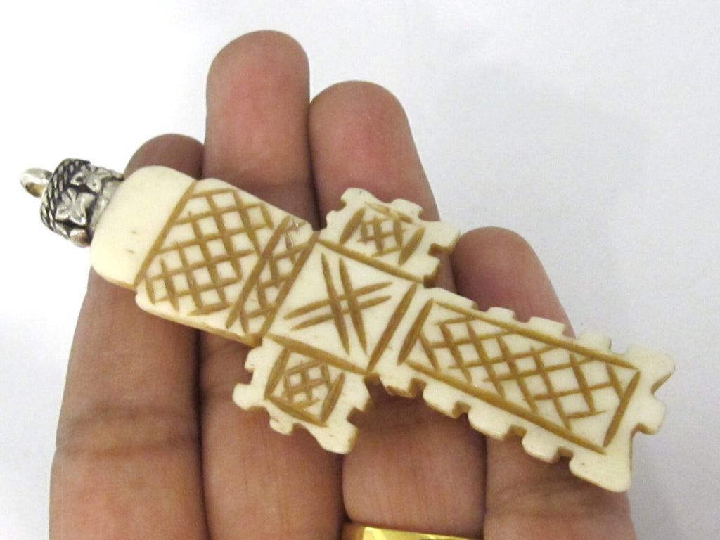 1 Pendant - Long Carved Tibetan cream color bone Cross pendant from Nepal - PB105