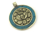 1 Pendant - Tibetan lotus flower reversible brass pendant with turquoise inlay- Ethnic Nepal pendant - PM515