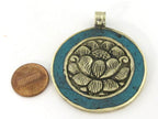 1 Pendant - Tibetan lotus flower reversible brass pendant with turquoise inlay- Ethnic Nepal pendant - PM515