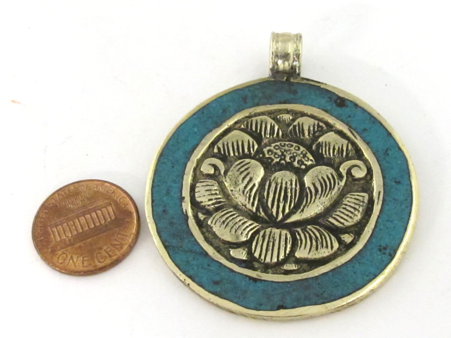 1 Pendant - Tibetan lotus flower reversible brass pendant with turquoise inlay- Ethnic Nepal pendant - PM515