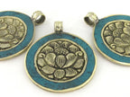 1 Pendant - Tibetan lotus flower reversible brass pendant with turquoise inlay- Ethnic Nepal pendant - PM515