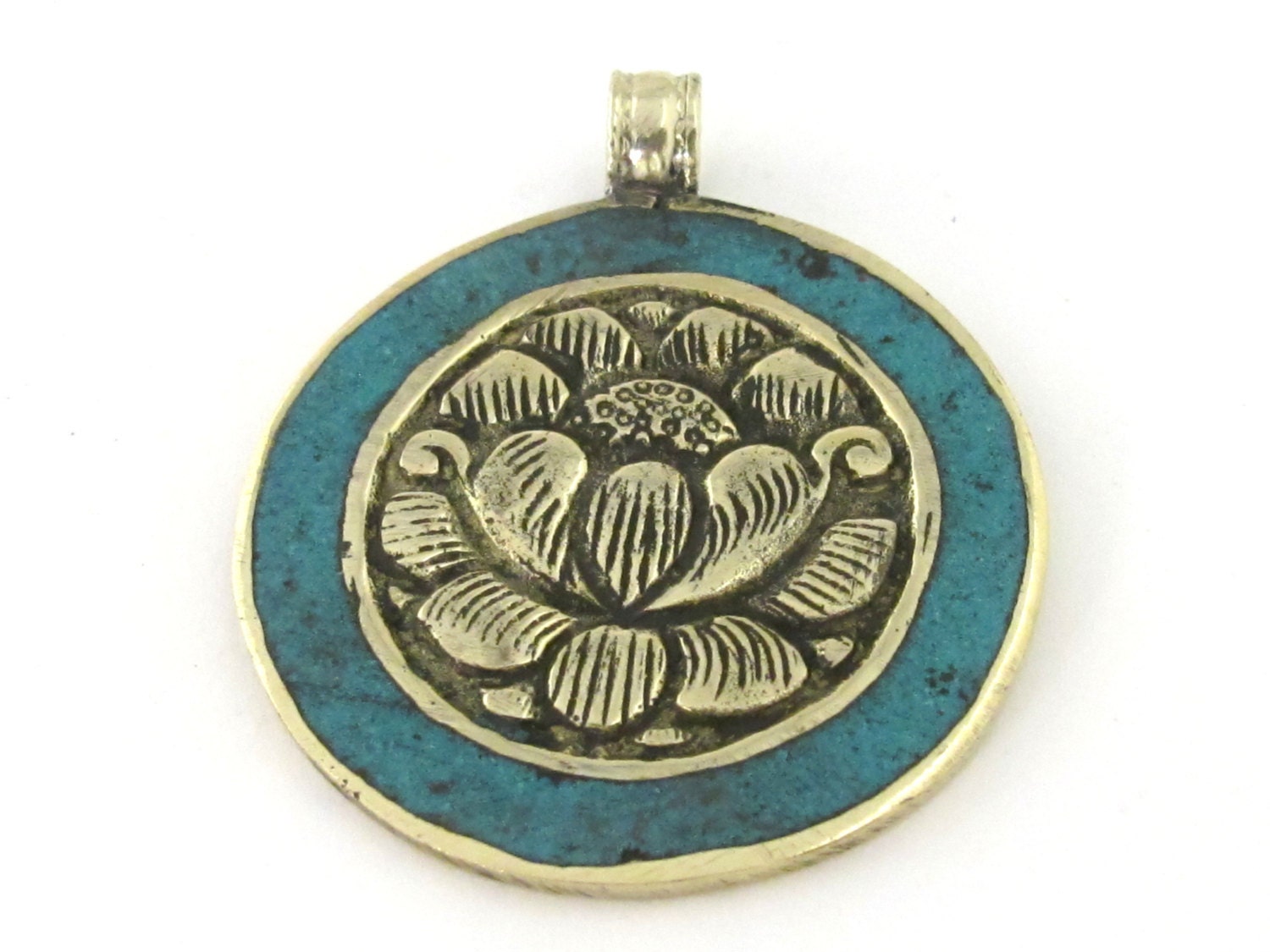 1 Pendant - Tibetan lotus flower reversible brass pendant with turquoise inlay- Ethnic Nepal pendant - PM515