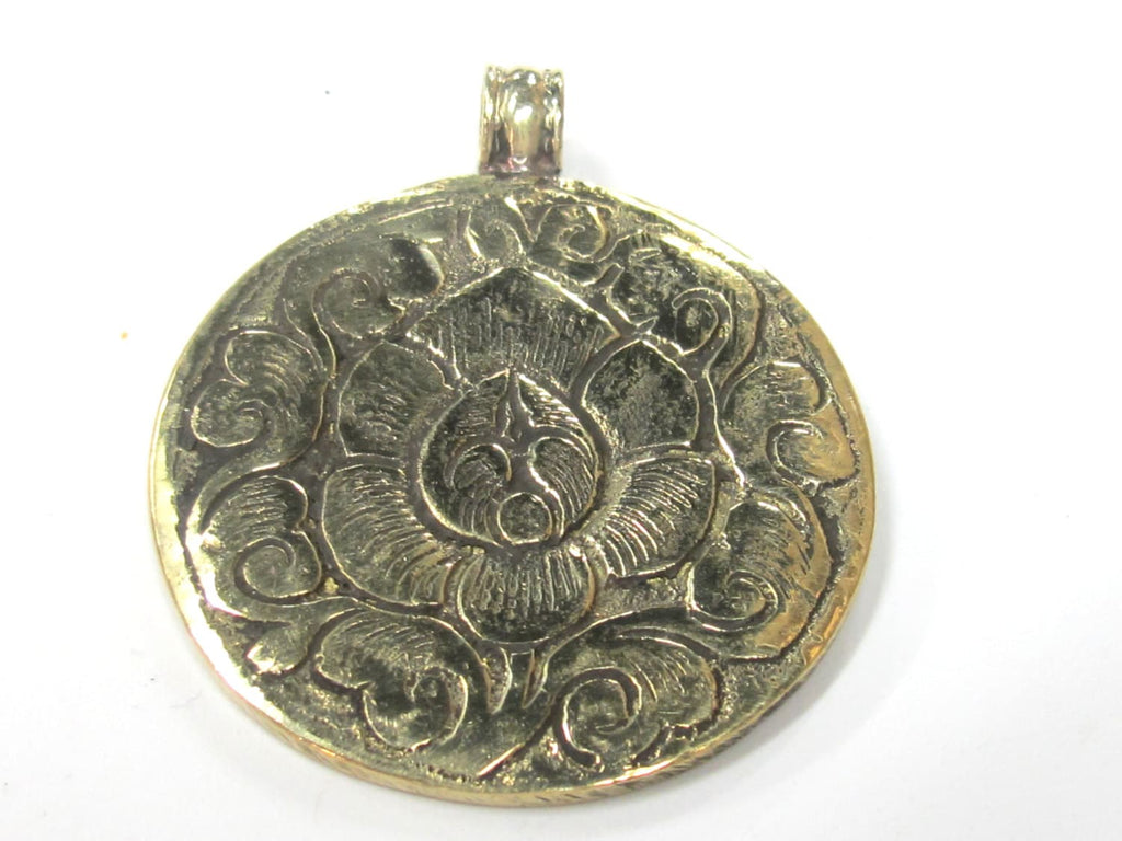 1 Pendant - Tibetan lotus flower reversible brass pendant with turquoise inlay- Ethnic Nepal pendant - PM515