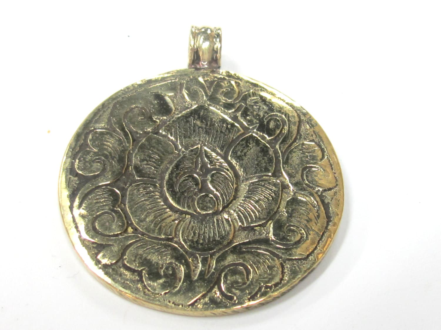 1 Pendant - Tibetan lotus flower reversible brass pendant with turquoise inlay- Ethnic Nepal pendant - PM515