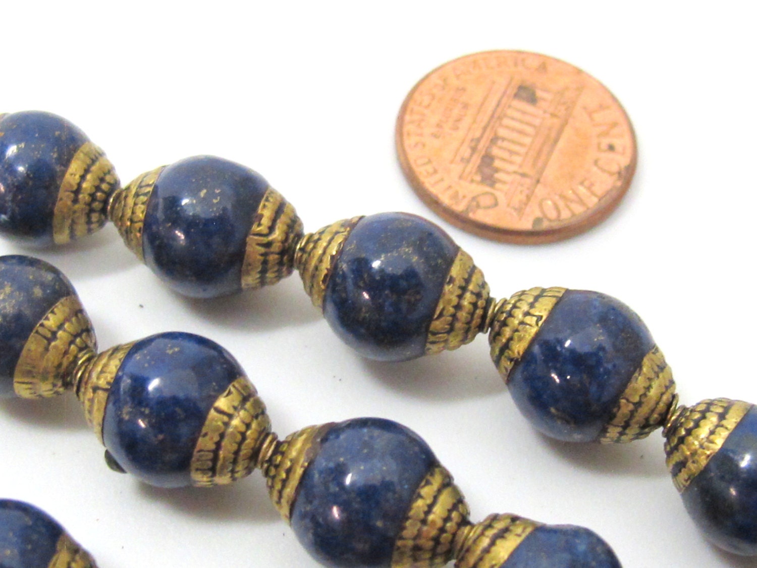 4 BEADS - Tibetan Nepal capped lapis gemstone beads - BD926