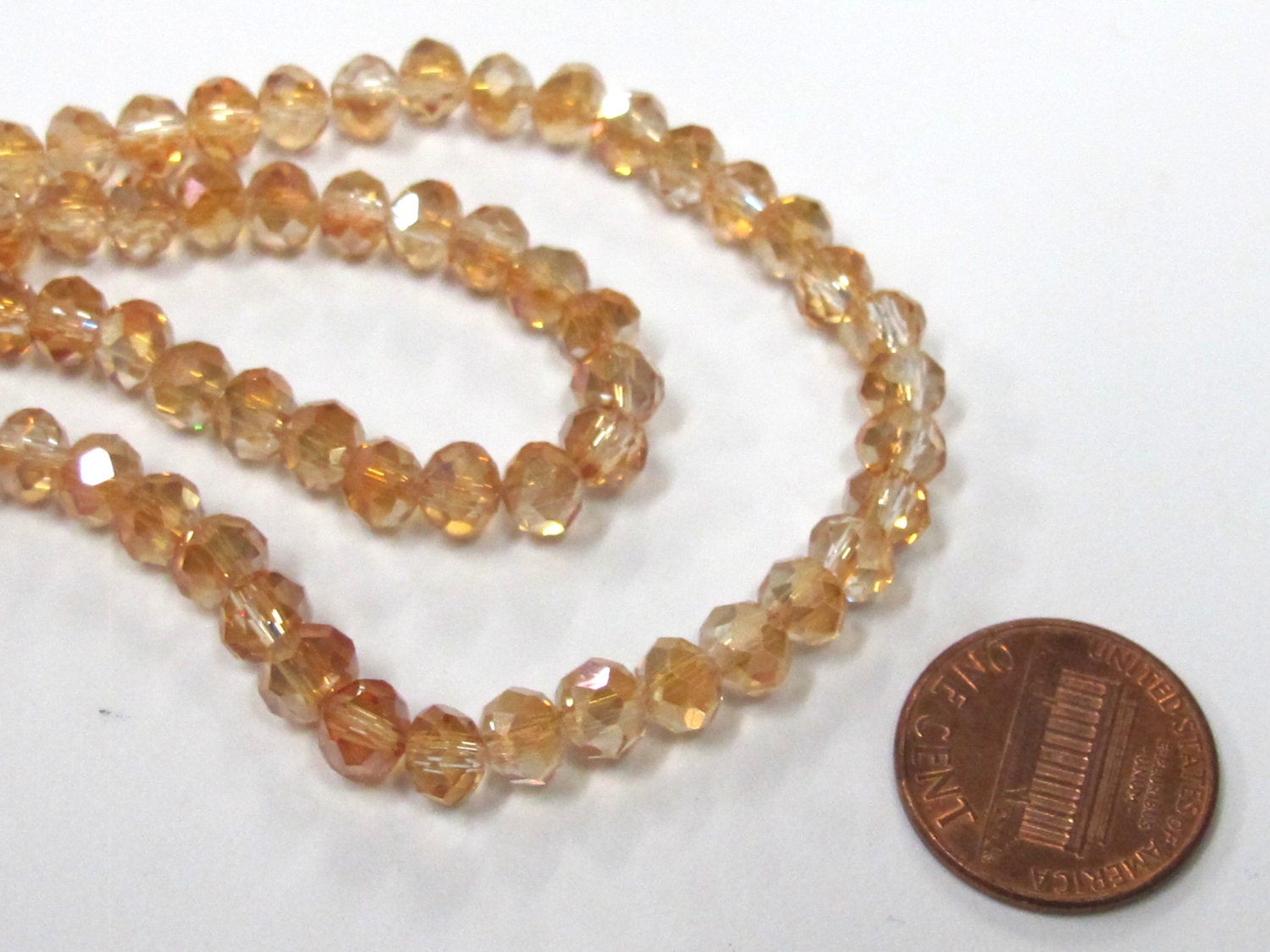 1 Full strand - Faceted rondelle AB peachy orange color crystal glass beads 6 mm size - AB046