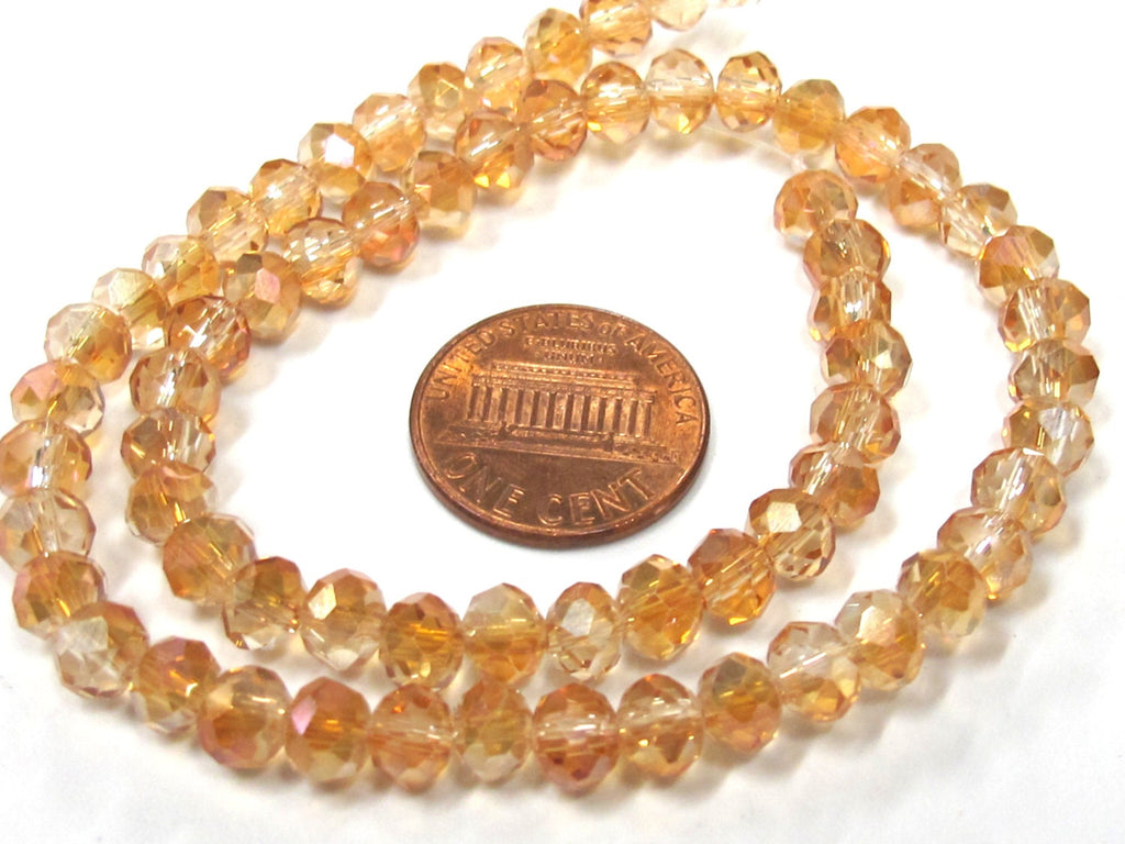 1 Full strand - Faceted rondelle AB peachy orange color crystal glass beads 6 mm size - AB046