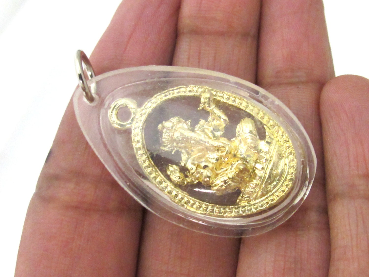 1 Pendant - Hindu lord Ganesha gold color plated brass charm pendant encased in clear resin from Nepal - great for keyring bag charm - PM520