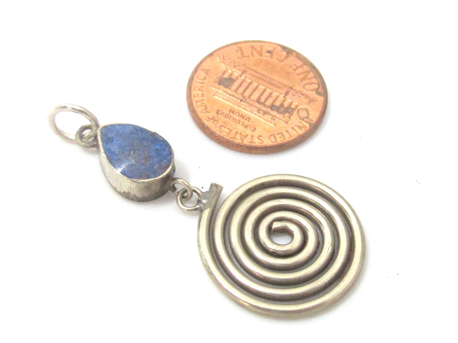 1 charm - Tibetan silver spiral teardrop design dangle charm pendant with lapis inlay - PM521C