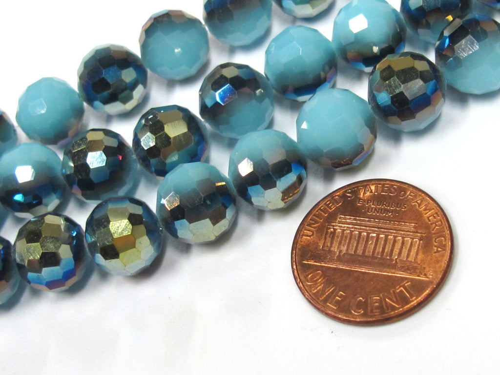 1 Full strand - 10 mm size Faceted round AB multi tone blue shiny crystal glass beads - AB048