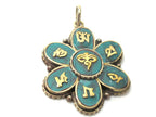 1 pendant - Tibetan Buddha eye Lotus flower Om pendant with turquoise inlay - PM523