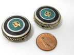 1 BEAD - Tibetan Om inscribed reversible brass bead with turquoise inlay 27 -28 mm - BD930