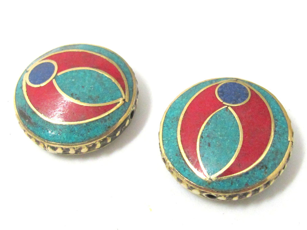 1 BEAD - Ethnic tibetan brass bead with turquoise coral lapis inlay 24 mm - BD931