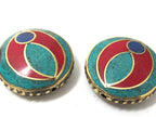 1 BEAD - Ethnic tibetan brass bead with turquoise coral lapis inlay 24 mm - BD931