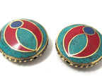 1 BEAD - Ethnic tibetan brass bead with turquoise coral lapis inlay 24 mm - BD931