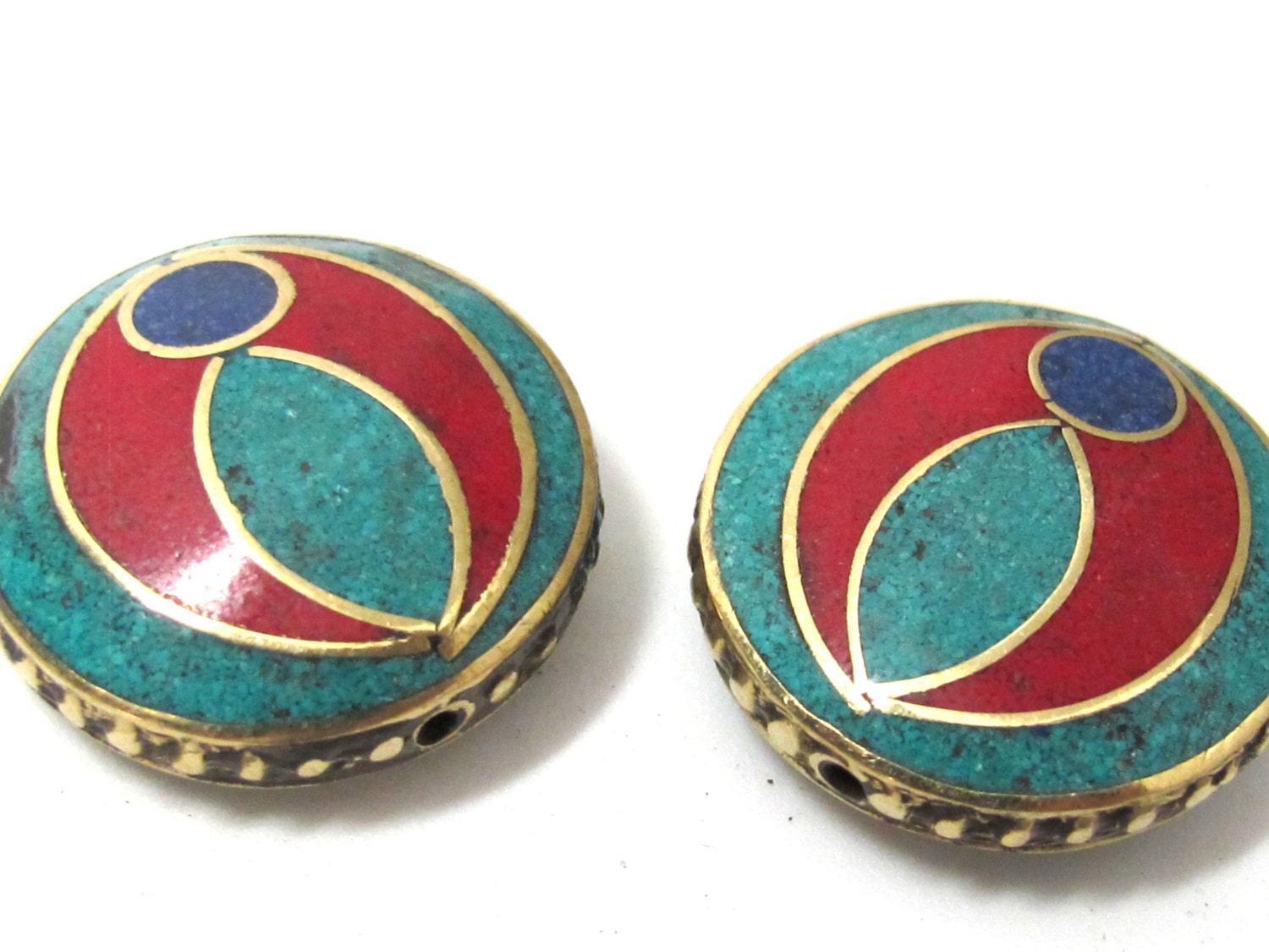 1 BEAD - Ethnic tibetan brass bead with turquoise coral lapis inlay 24 mm - BD931