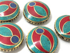 1 BEAD - Ethnic tibetan brass bead with turquoise coral lapis inlay 24 mm - BD931
