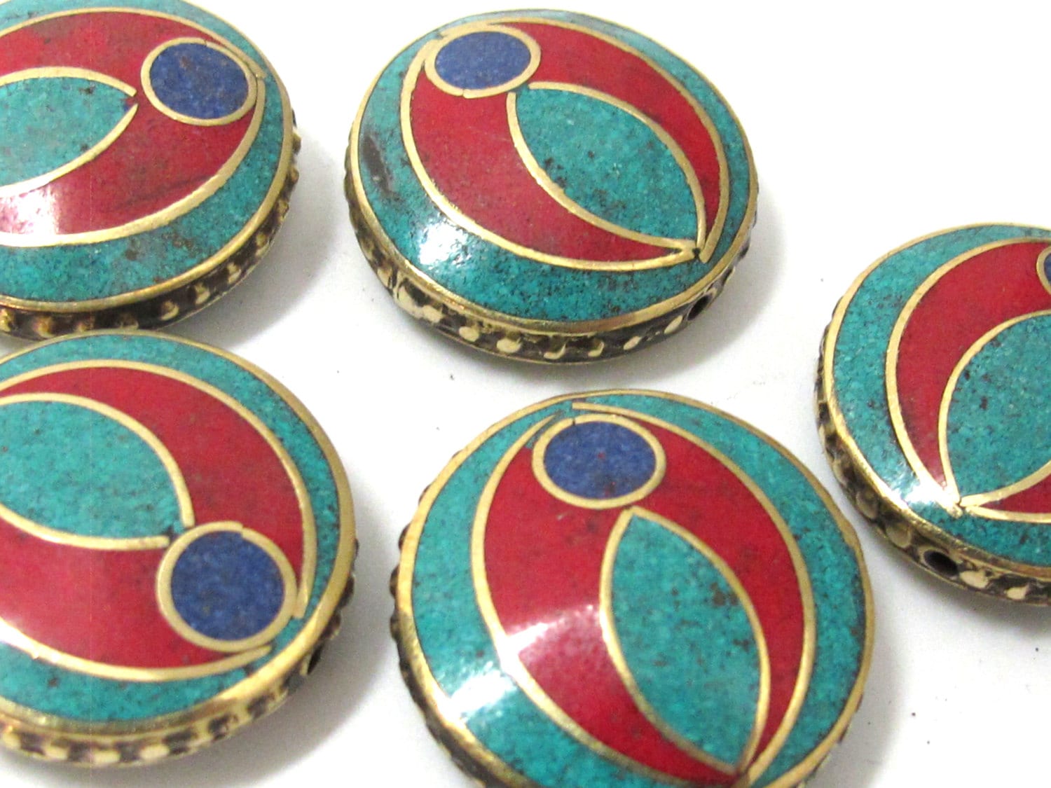 1 BEAD - Ethnic tibetan brass bead with turquoise coral lapis inlay 24 mm - BD931