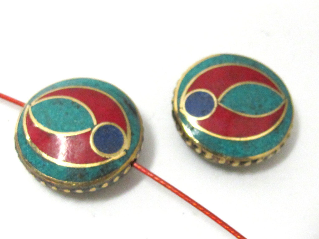 1 BEAD - Ethnic tibetan brass bead with turquoise coral lapis inlay 24 mm - BD931