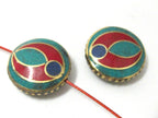 1 BEAD - Ethnic tibetan brass bead with turquoise coral lapis inlay 24 mm - BD931