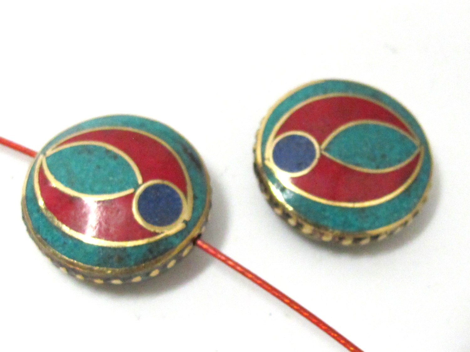 1 BEAD - Ethnic tibetan brass bead with turquoise coral lapis inlay 24 mm - BD931